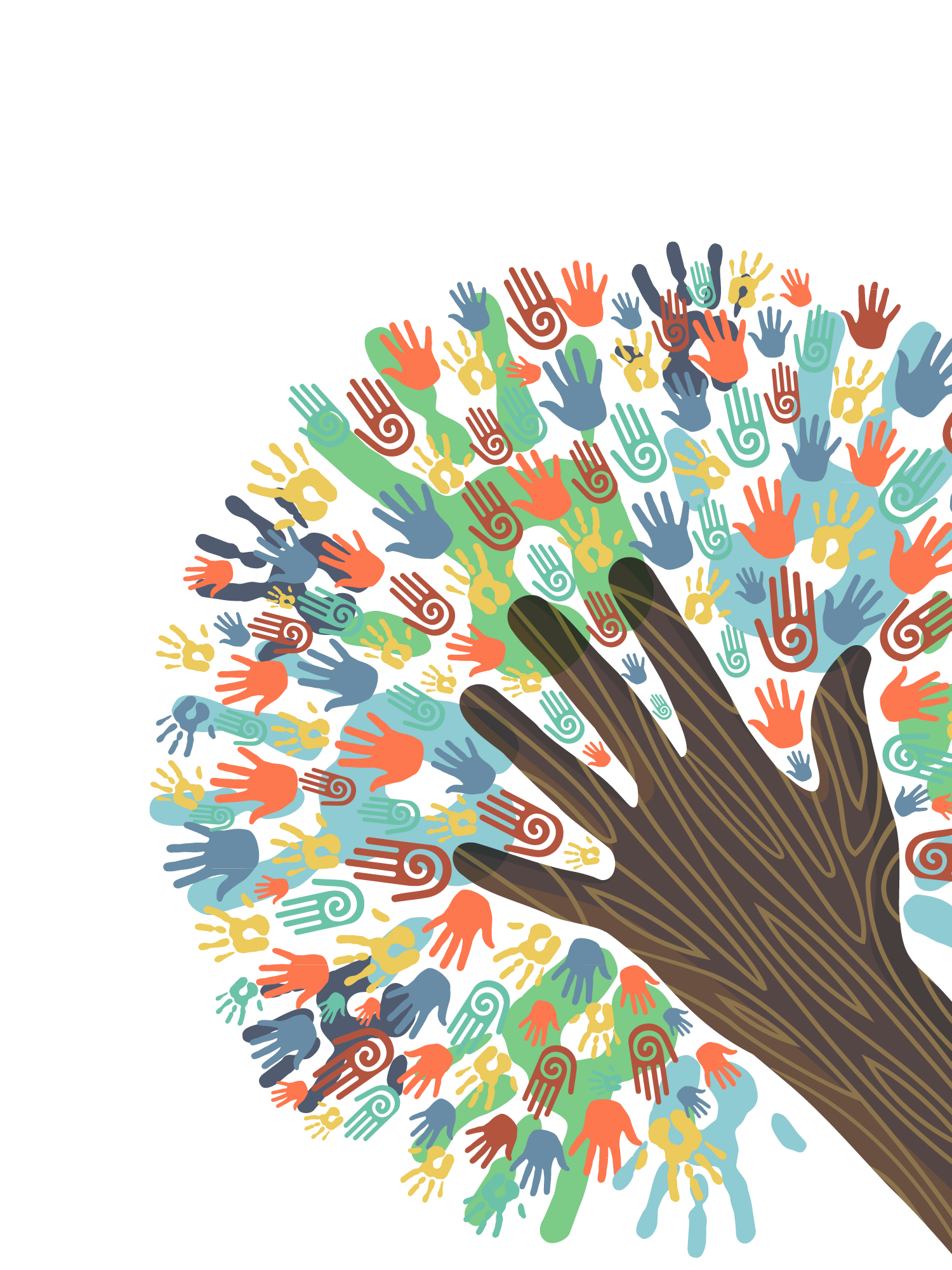 Colorful hands radiating outward symbolizing community and outreach
